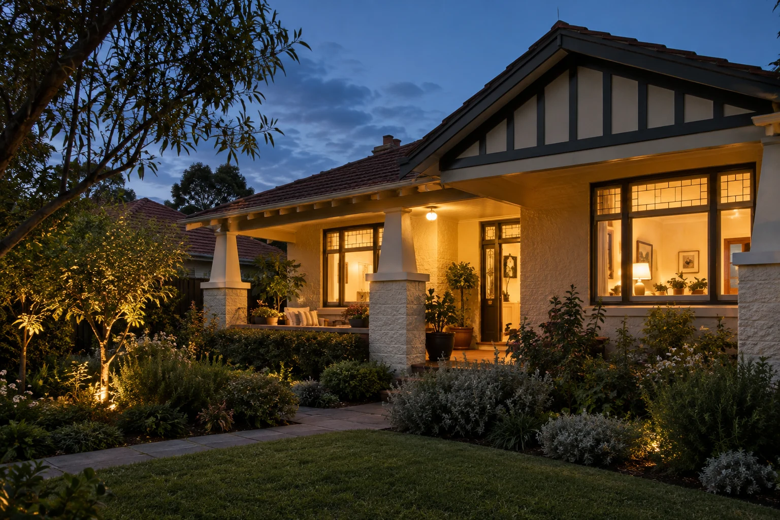A Craftsman-inspired bungalow at dusk, with warm lights glowing through its windows and across the front garden.